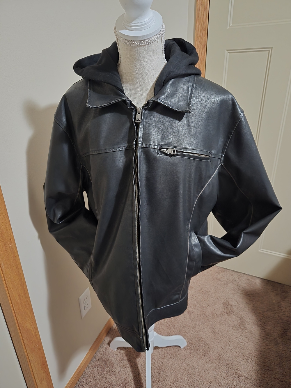 Arizona Jean Company Black Faux Leather Bomber Jacket with Hood